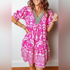 D0202: Boho Short Sleeve Flared Dress